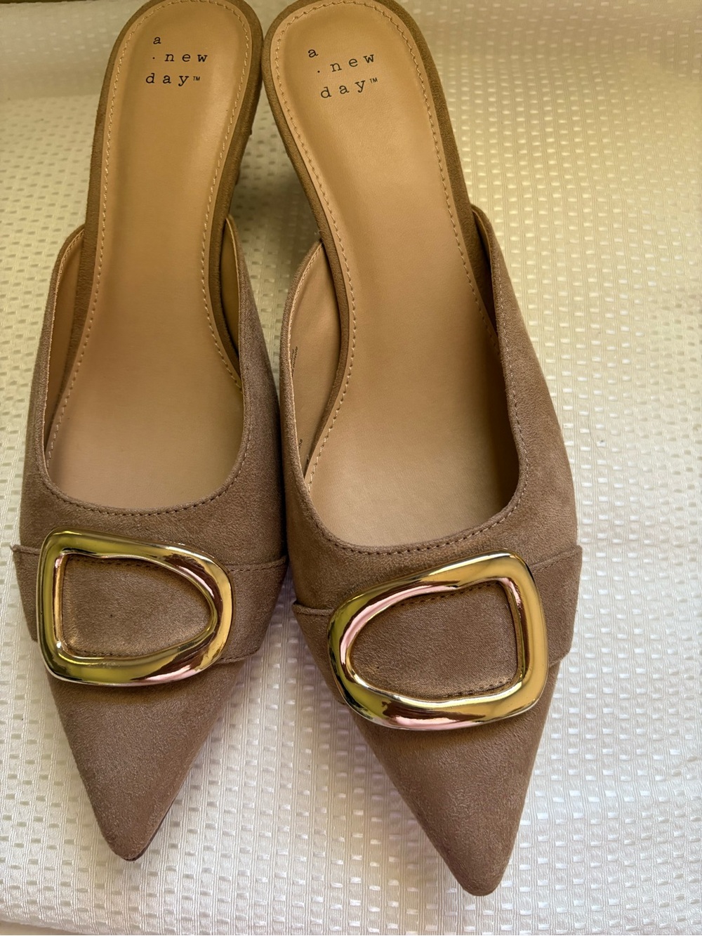 a new day Taupe Pointed Mule with Gold Accent Buckle